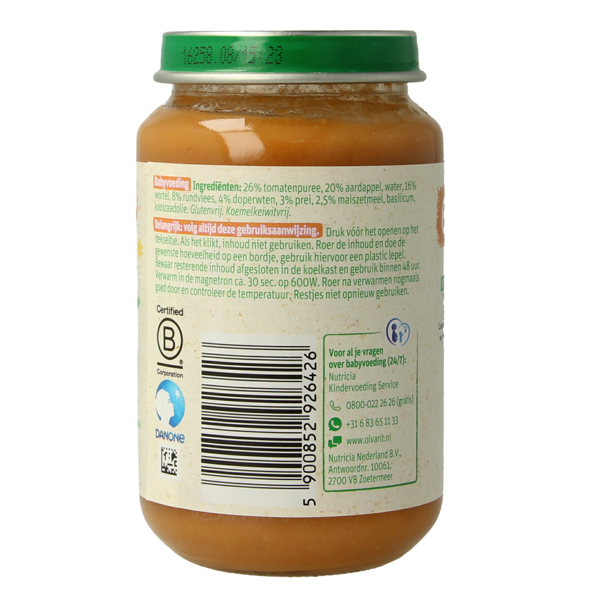 Olvarit baby food jar with tomato, beef, potato, and carrot, 200g, suitable for infants and toddlers.