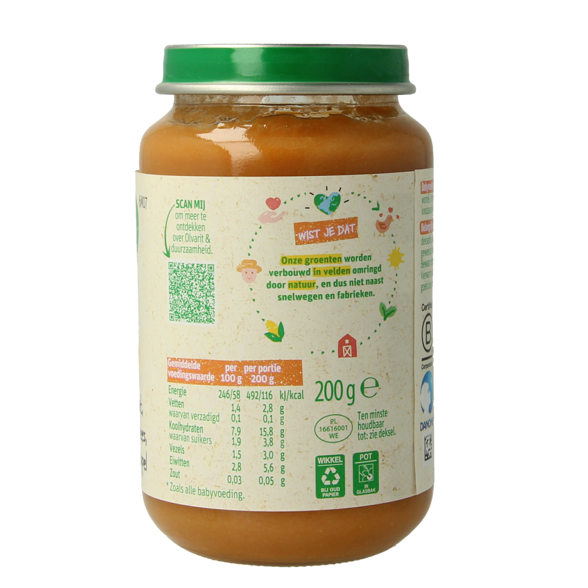 Olvarit baby food jar with tomato, beef, potato, and carrot puree, 200g, suitable for infants and toddlers