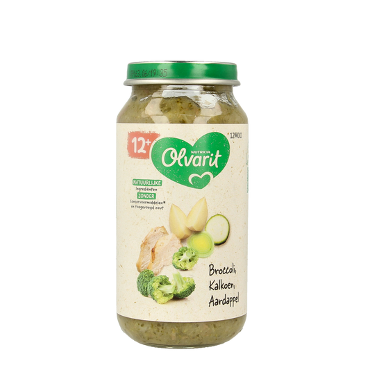 Olvarit baby food jar with broccoli, turkey, and potato, 250g, suitable for infants 12 months and older