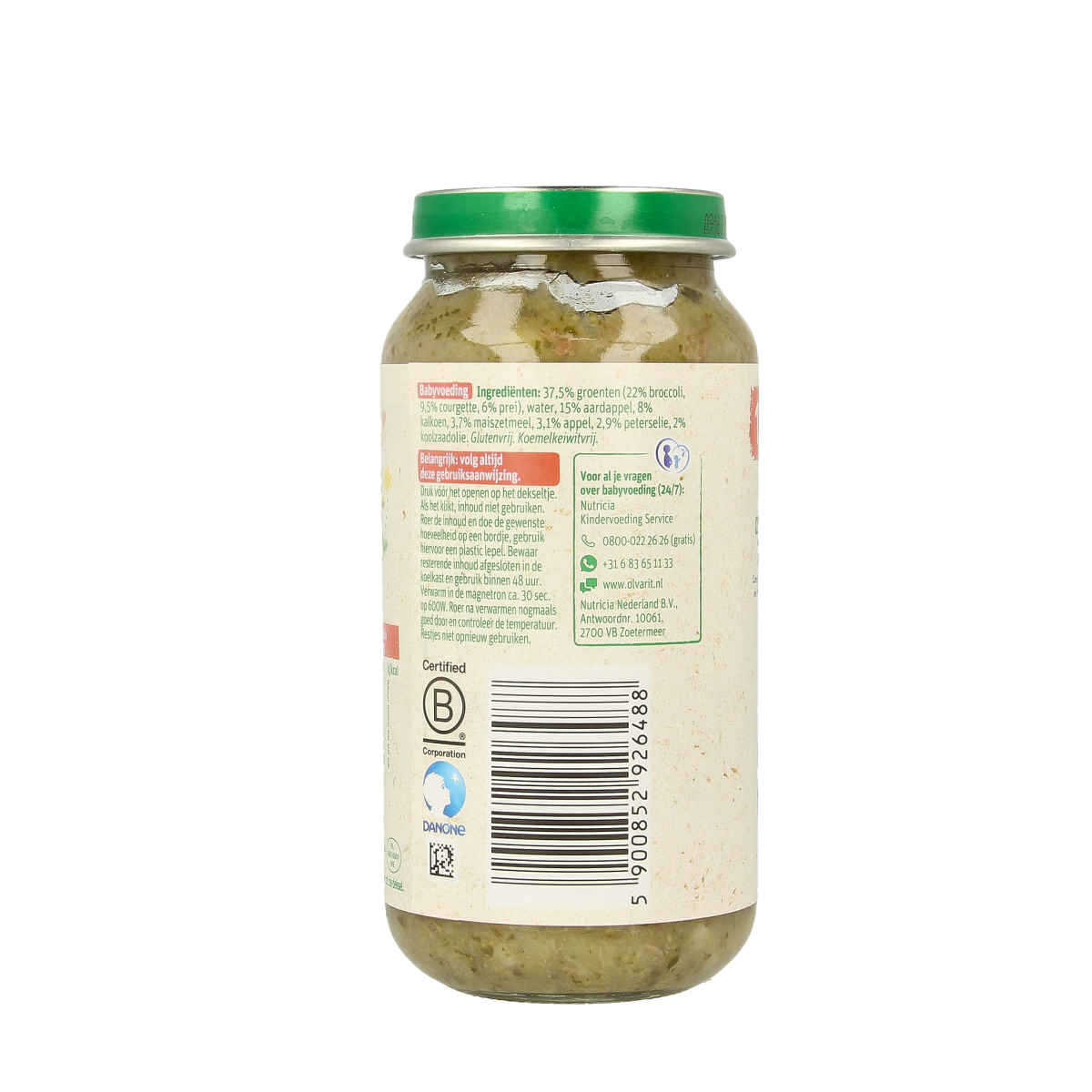Olvarit baby food jar with broccoli, turkey, and potato puree, 250g, suitable for babies and toddlers.