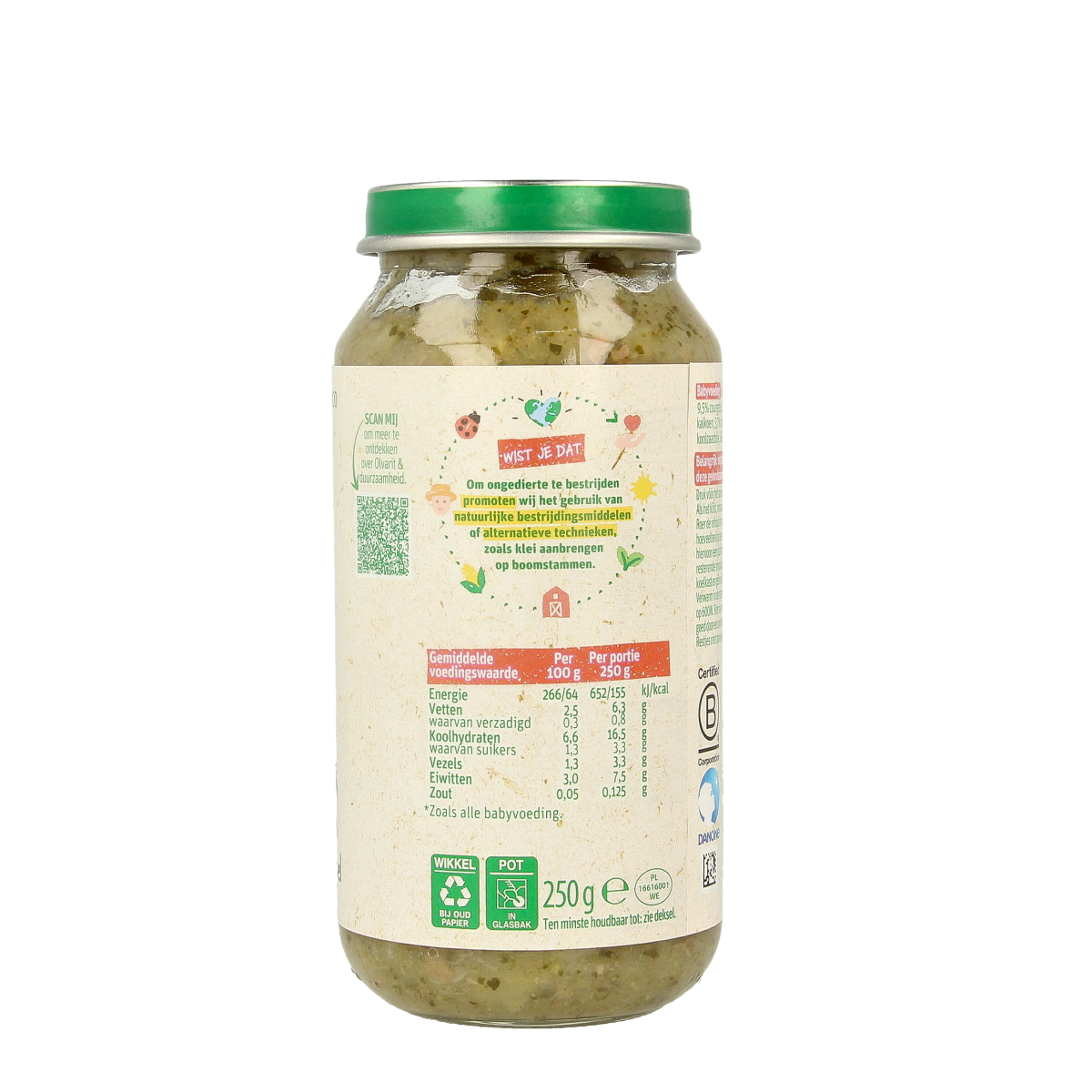 Olvarit baby food jar with broccoli, turkey, and potato for 12 months+, 250 grams, showing the product label and jar lid.