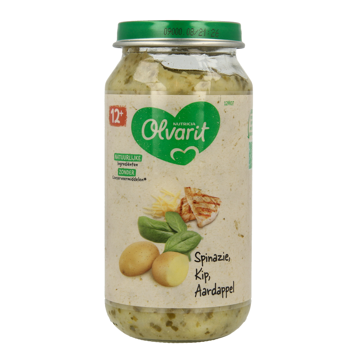 Olvarit baby food with spinach, chicken, and potatoes in a 250g jar, suitable for infants 12 months and older.
