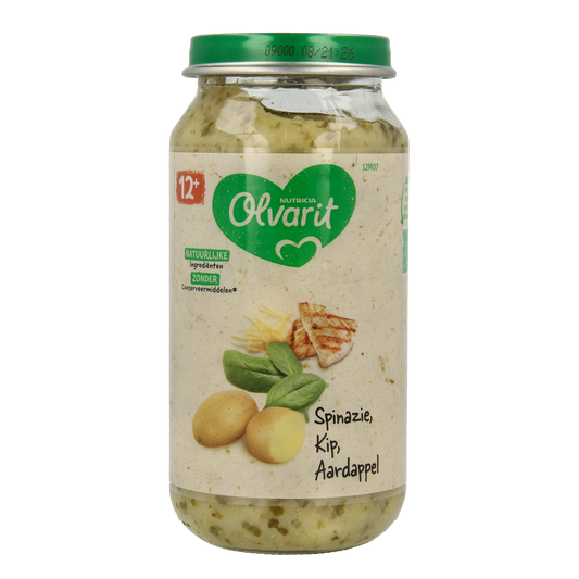 Olvarit baby food with spinach, chicken, and potatoes in a 250g jar, suitable for infants 12 months and older.