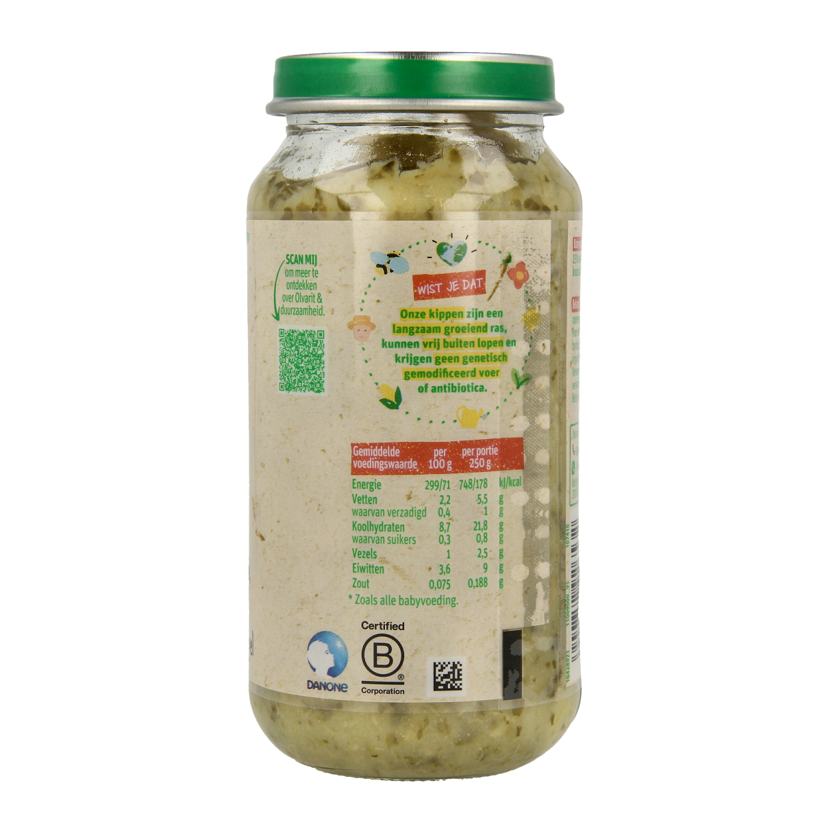 Olvarit baby food with spinach, chicken, and potatoes in a 250g jar, suitable for babies and toddlers.