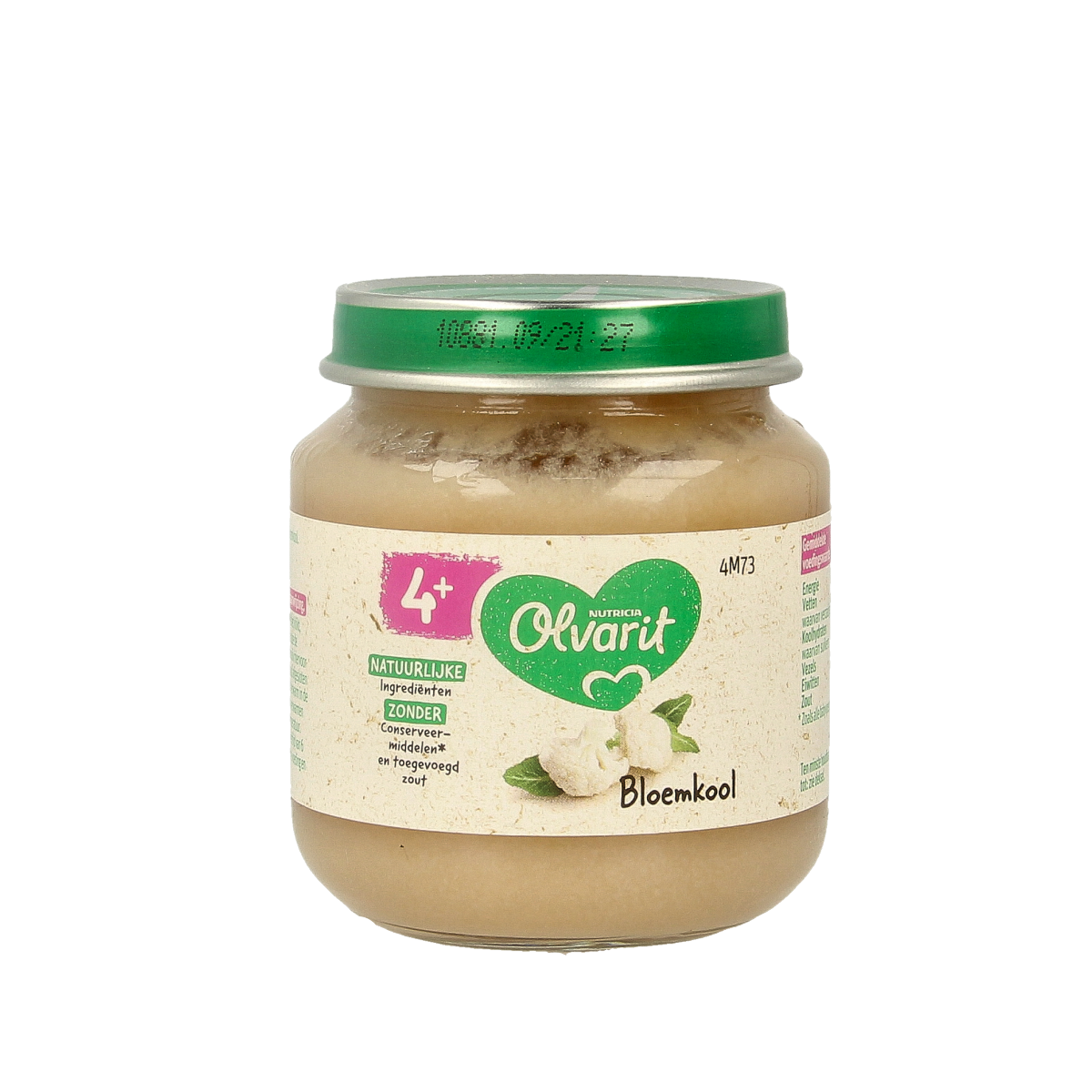 Olvarit baby food with cauliflower in 125g package, suitable for infants and toddlers, showing the product packaging.