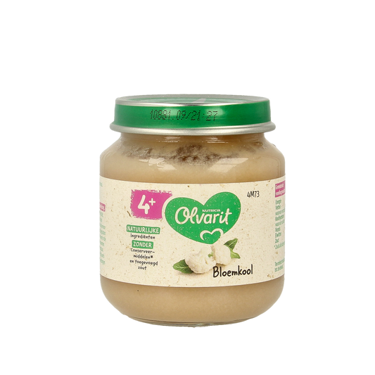 Olvarit baby food with cauliflower in 125g package, suitable for infants and toddlers, showing the product packaging.