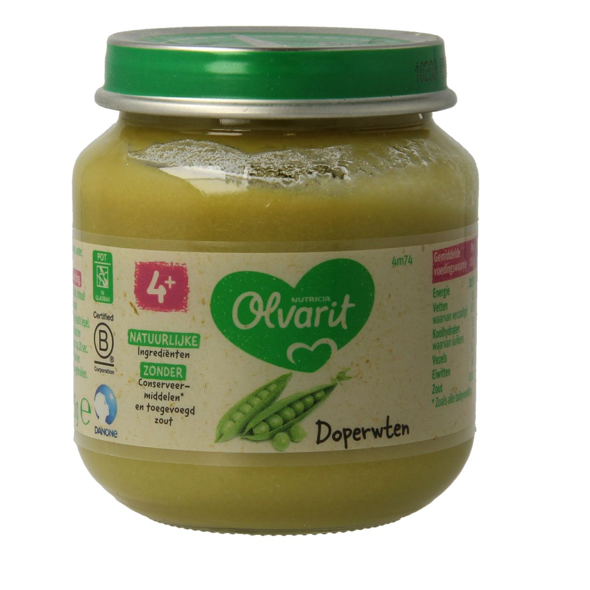 Olvarit baby and toddler food with 125g of pure, nutritious baby peas in a clear container, suitable for children aged 4 months and above.