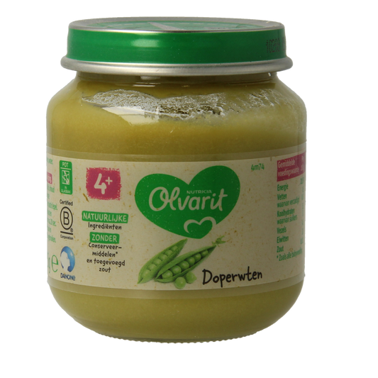 Olvarit baby and toddler food with 125g of pure, nutritious baby peas in a clear container, suitable for children aged 4 months and above.