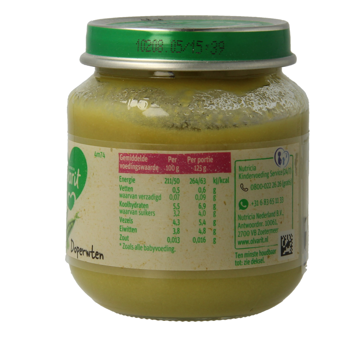 Olvarit baby and toddler food with 125g pack of baby peas, suitable for infants and young children.