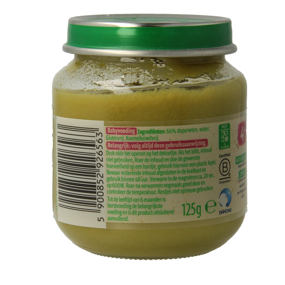 Olvarit baby and toddler food with 125g of pure baby peas in a resealable package.