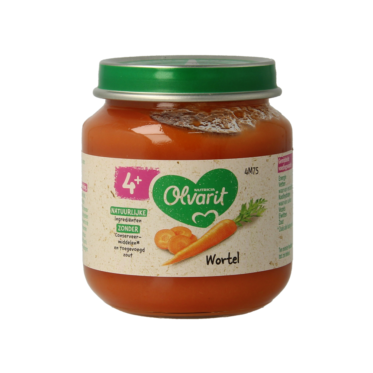 Olvarit baby food jar with carrot puree, 125 grams, suitable for infants and toddlers, featuring a colorful label.