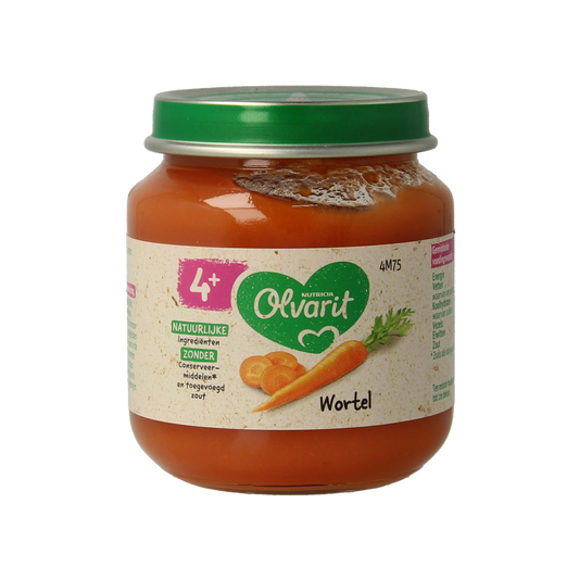 Olvarit baby food jar with carrot puree, 125 grams, suitable for infants and toddlers, featuring a colorful label.