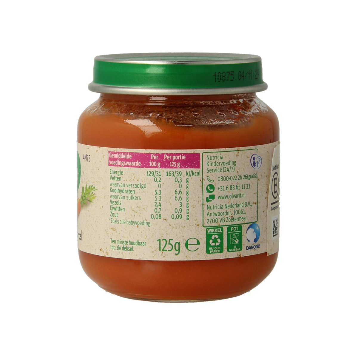 Olvarit baby and toddler carrot feed in 125g package, showing fresh, vibrant orange carrots in a clear container.