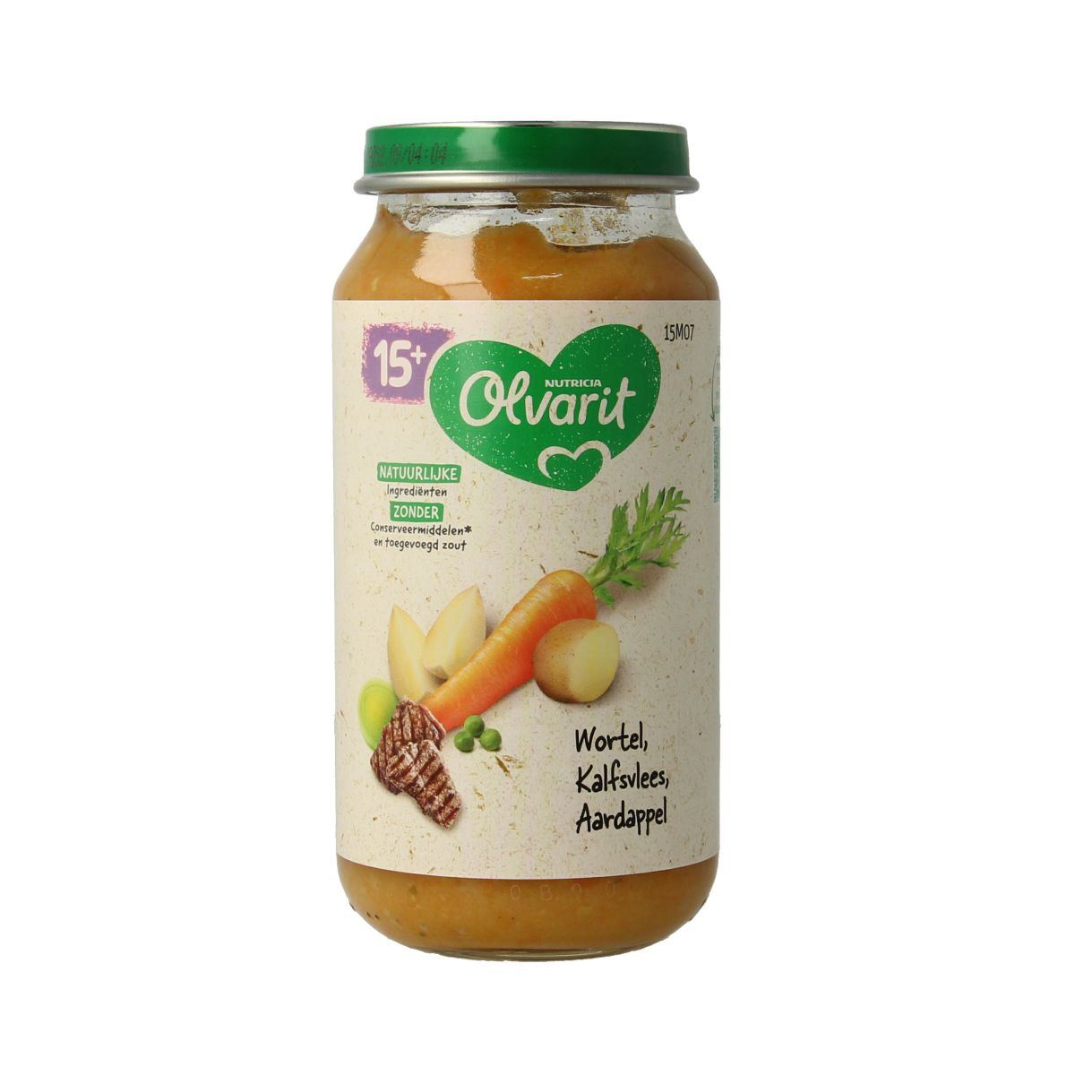 Olvarit baby food jar with carrot, veal, and potato for infants, 250 grams, suitable for babies and toddlers.