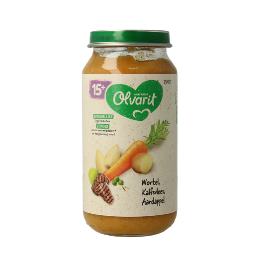 Olvarit baby food jar with carrot, veal, and potato for infants, 250 grams, suitable for babies and toddlers.