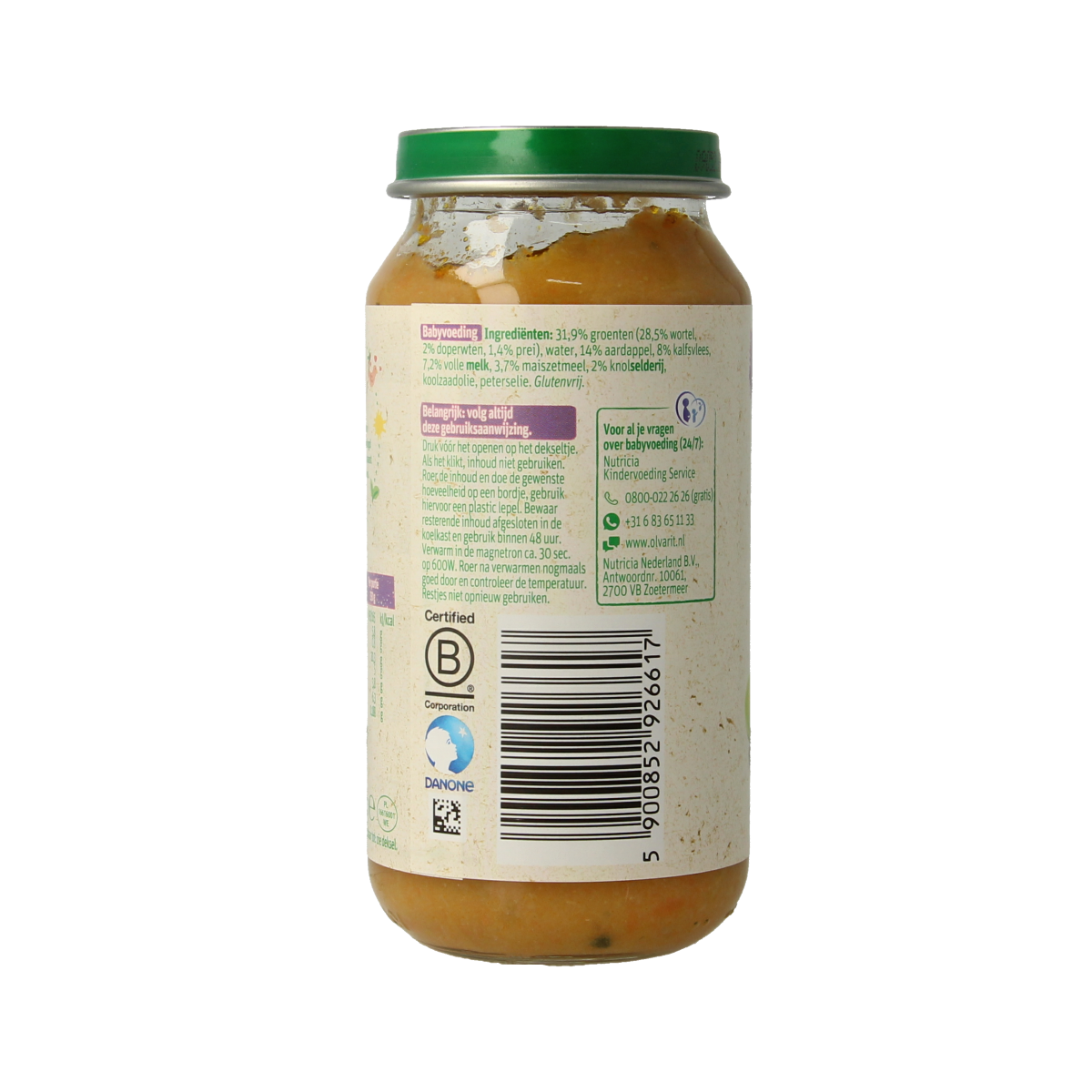 Olvarit baby food jar with carrot, veal, and potato, 250 grams, suitable for infants and toddlers.