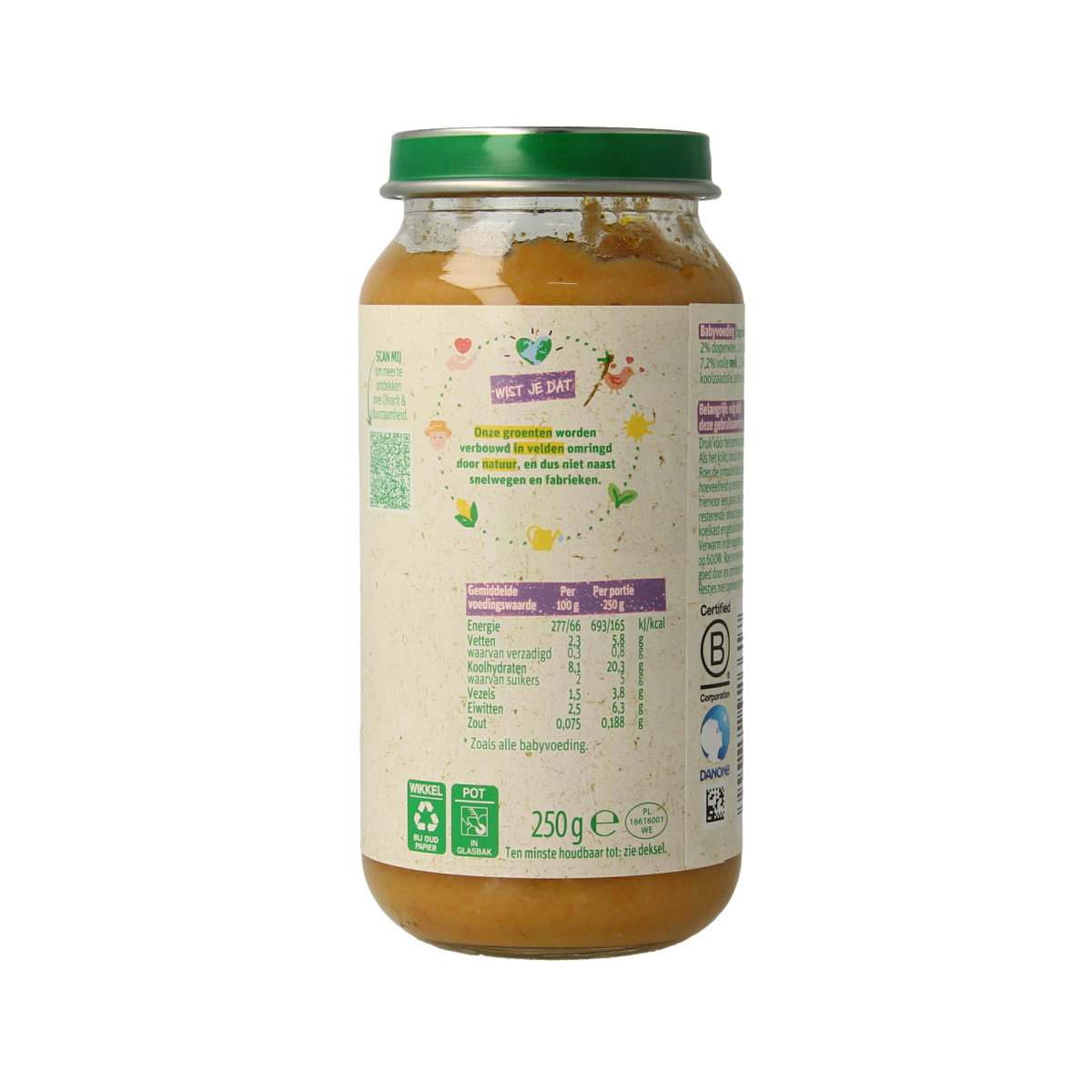 Olvarit baby food jar with carrot, veal, and potato for 15 months and older, 250 grams, shown in the image.