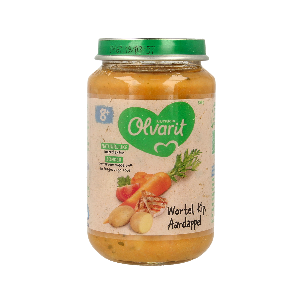 Olvarit baby food with carrot, chicken, and potato in 200g pack, suitable for infants 8 months and older.