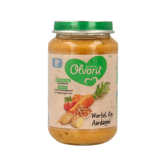 Olvarit baby food with carrot, chicken, and potato in 200g pack, suitable for infants 8 months and older.