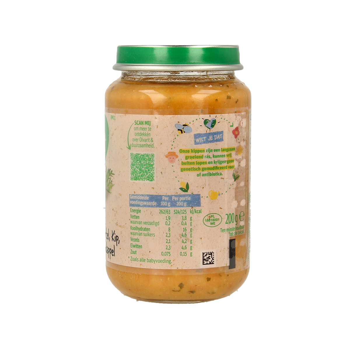 Olvarit baby food with carrot, chicken, and potato in a 200g container, suitable for infants and toddlers.