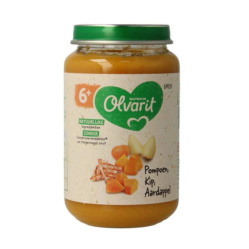 Olvarit baby food with pumpkin, chicken, and potato in a 200g jar, suitable for infants 6 months and older.