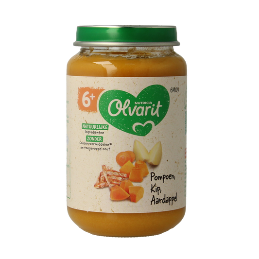 Olvarit baby food with pumpkin, chicken, and potato in a 200g jar, suitable for infants 6 months and older.