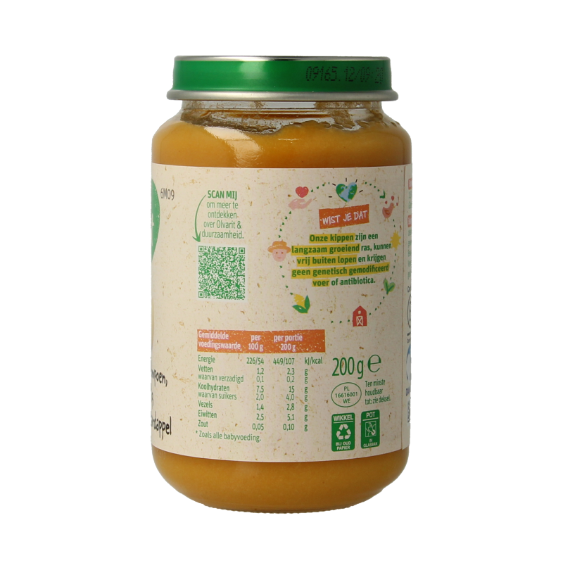 Olvarit baby food jar with pumpkin, chicken, and potato for infants, 200 grams, designed for babies 6 months and older.