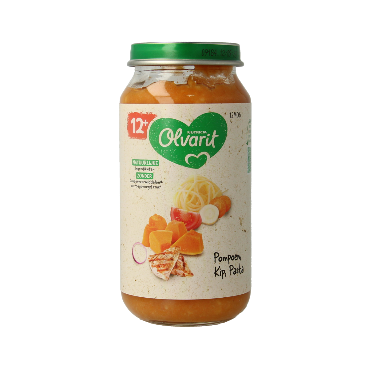 Olvarit baby pumpkin chicken pasta in 250g bowl, suitable for toddlers, with visible pasta and pumpkin chunks.