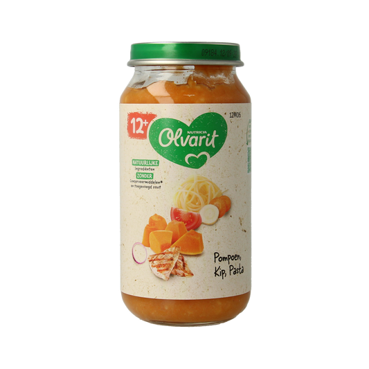 Olvarit baby pumpkin chicken pasta in 250g bowl, suitable for toddlers, with visible pasta and pumpkin chunks.