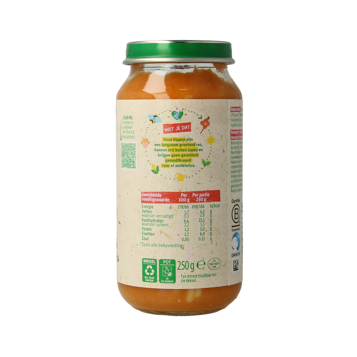 Olvarit baby food pouch with pumpkin and chicken pasta, 250g, suitable for infants and toddlers.