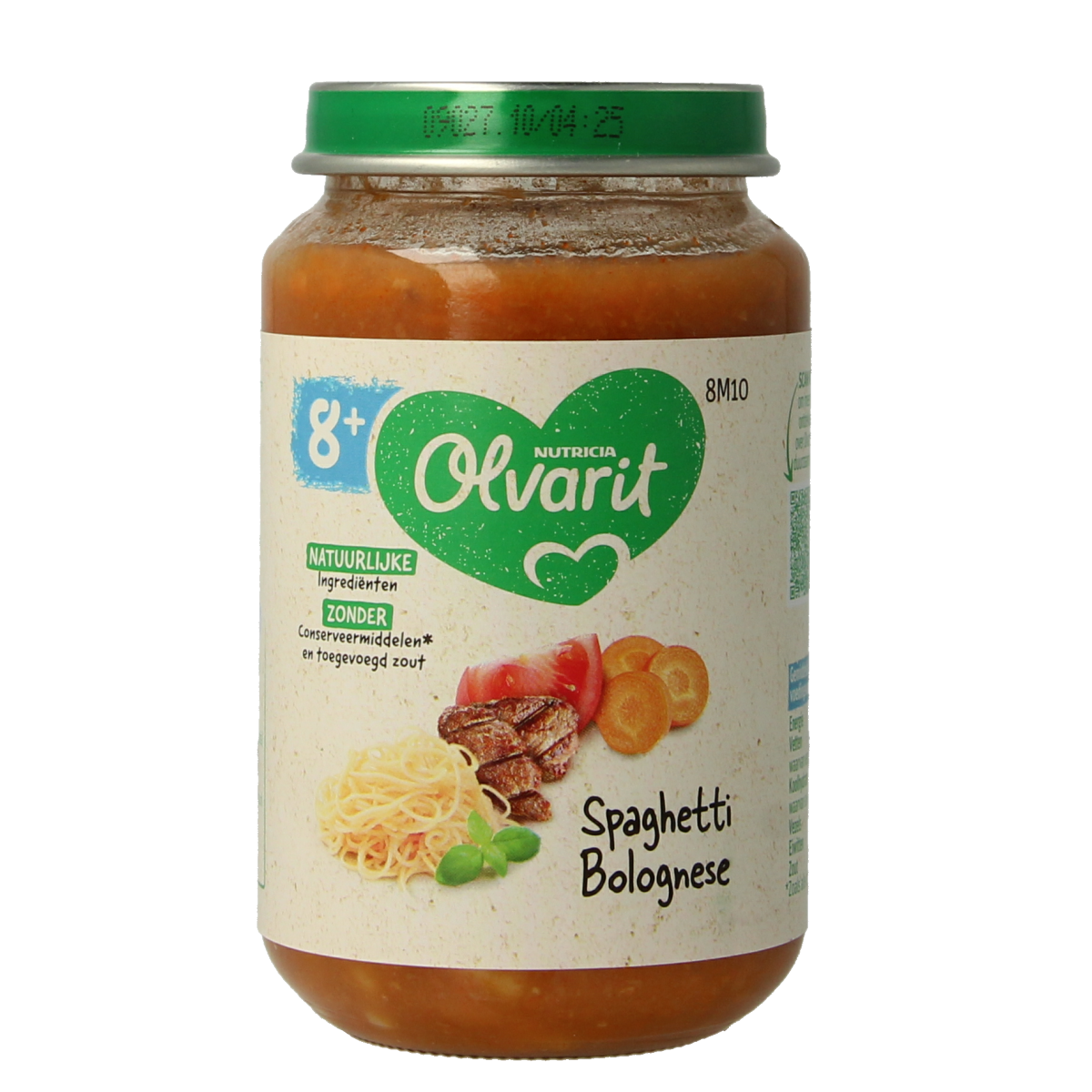 Olvarit baby spaghetti bolognese in 200g package, suitable for babies and toddlers, with a close-up of the prepared meal.