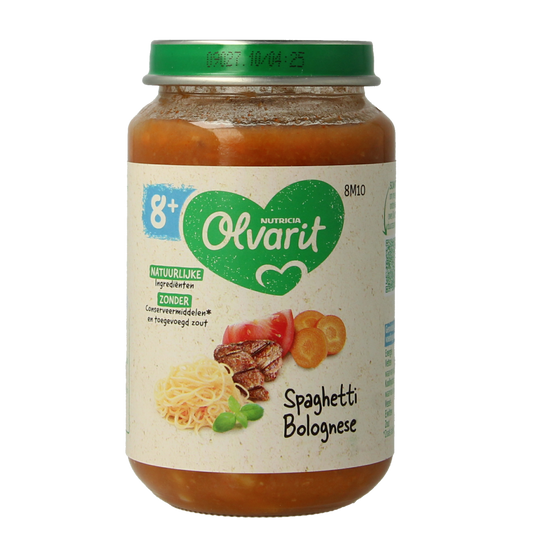 Olvarit baby spaghetti bolognese in 200g package, suitable for babies and toddlers, with a close-up of the prepared meal.