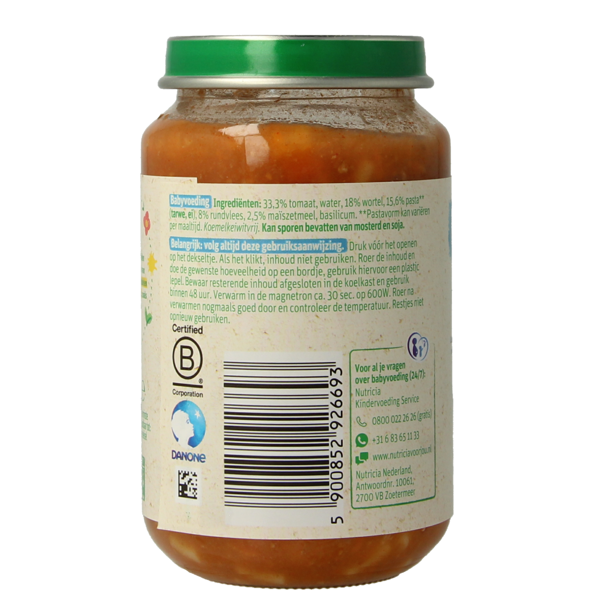 Olvarit baby spaghetti bolognese in 200g package, suitable for infants and toddlers, with visible pasta and sauce.
