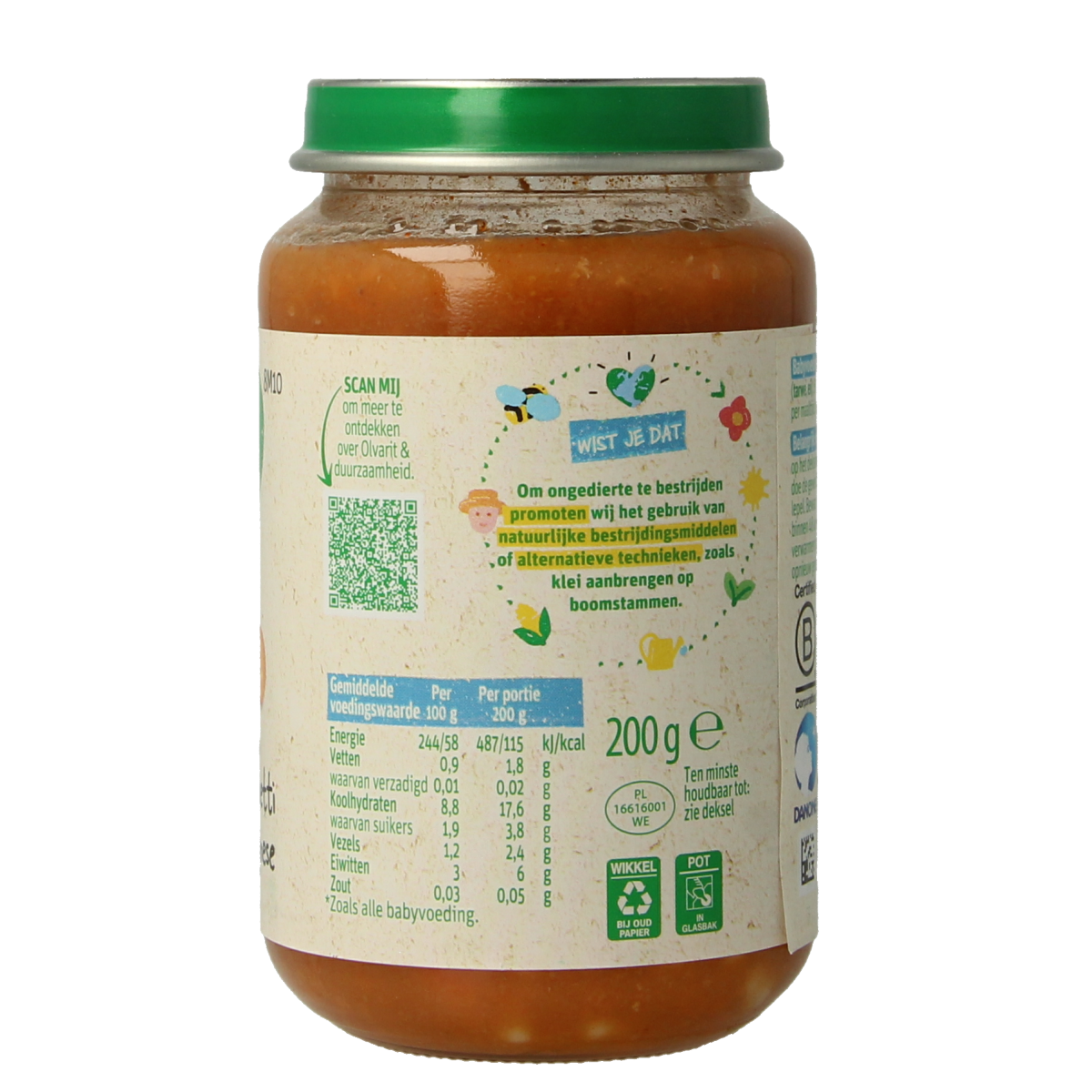 Olvarit baby spaghetti Bolognese in 200g pack, suitable for infants and toddlers, with visible pasta and Bolognese sauce.