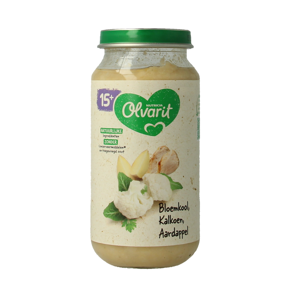 Olvarit baby food with cauliflower, turkey, and potatoes in 250g pack, suitable for babies and toddlers.