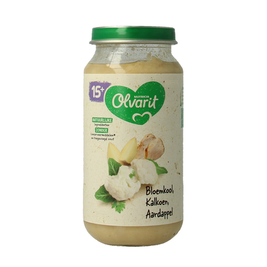Olvarit baby food with cauliflower, turkey, and potatoes in 250g pack, suitable for babies and toddlers.