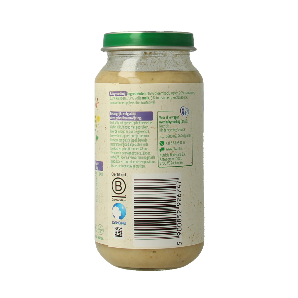 Olvarit baby food jar with cauliflower, turkey, and potatoes for infants, 250g, natural baby meal in a glass jar.