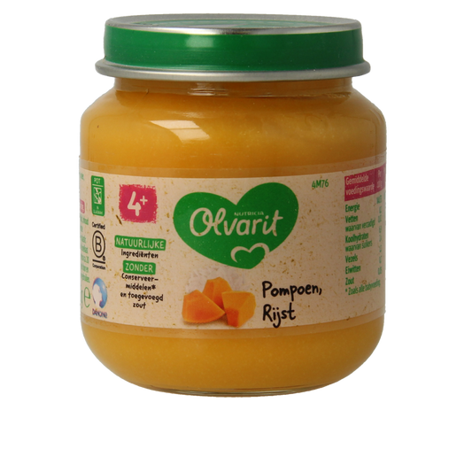 Olvarit baby food jar with pumpkin and rice puree, 125 grams, suitable for infants and toddlers