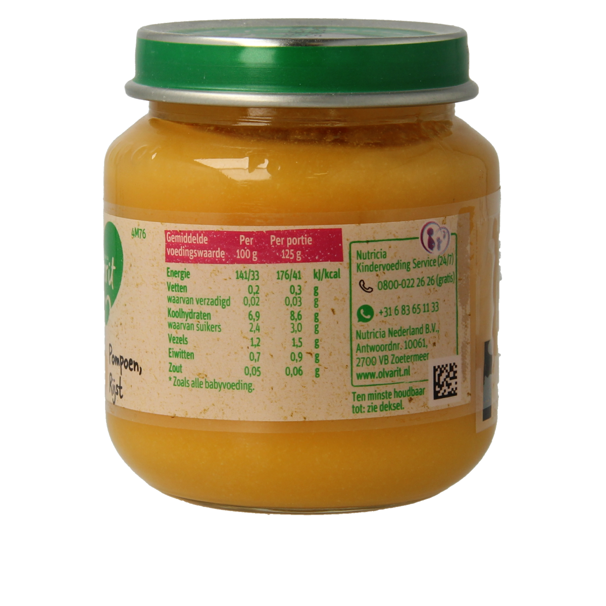 Olvarit baby pumpkin rice food pouch, 125g, suitable for infants and toddlers, with a picture of pumpkin and rice ingredients.
