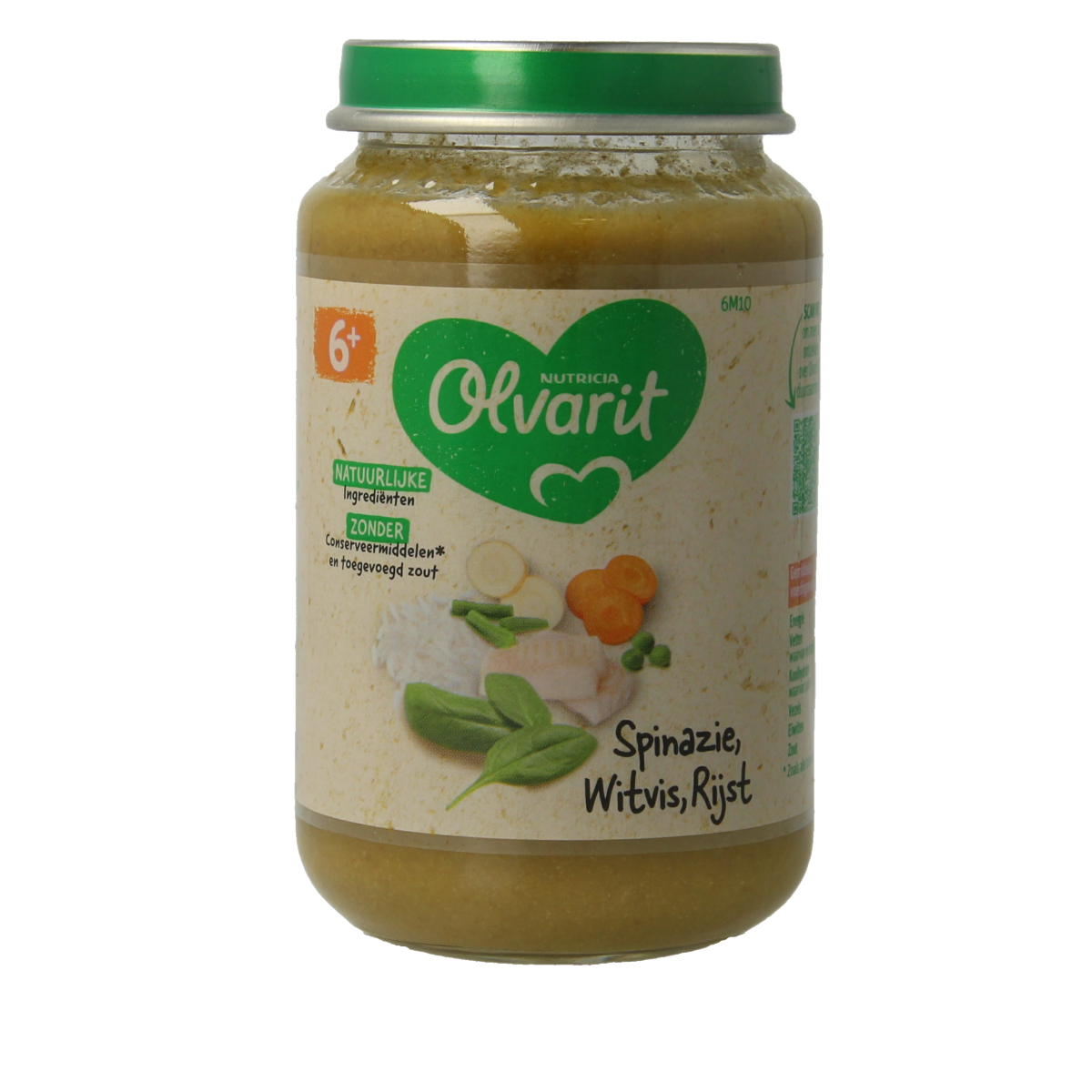 Olvarit baby food spinach, white fish, and rice in a 200g jar, suitable for infants from 6 months old.