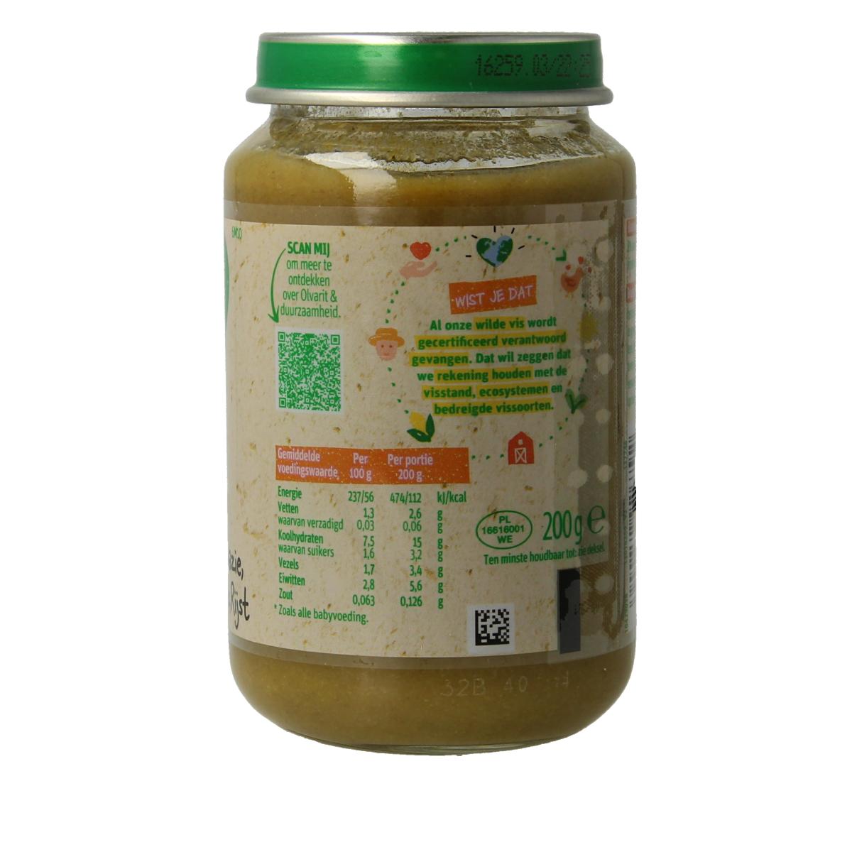 Olvarit baby spinach with white fish and rice in 200g pack, suitable for babies and toddlers, image shows the product packaging.