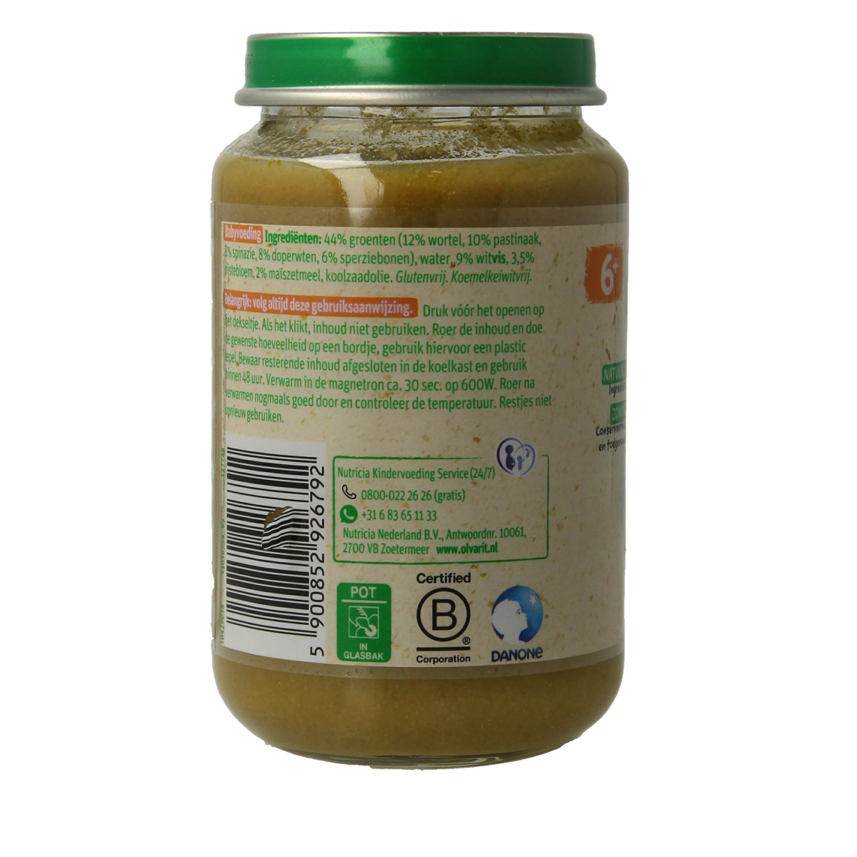 Olvarit baby spinach and white fish rice food for infants, 200g, with a close-up of the packaging and product label.