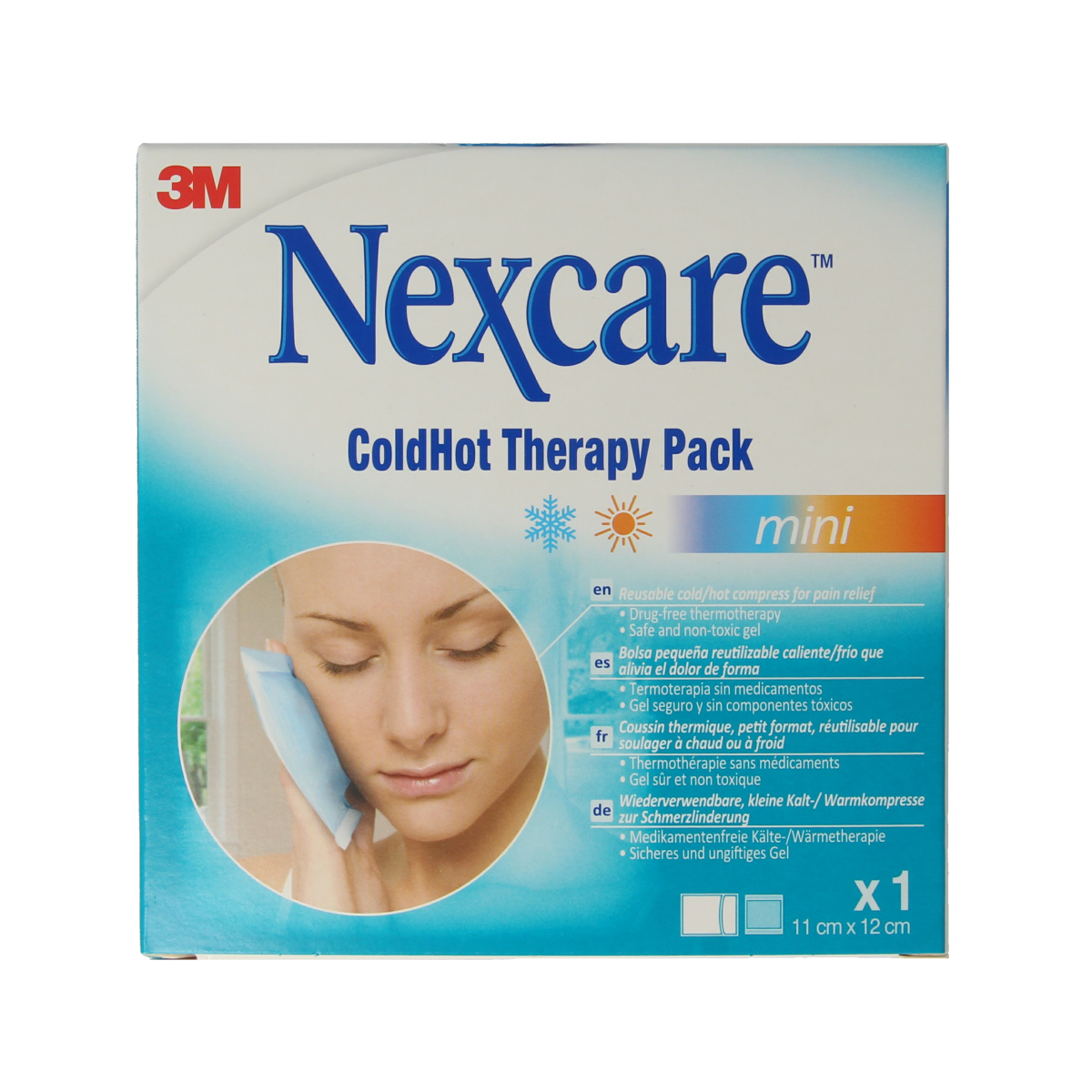 Nexcare Cold and Hot Pack Mini 11x12cm, warm and cold compress for pain relief, shown in the image.