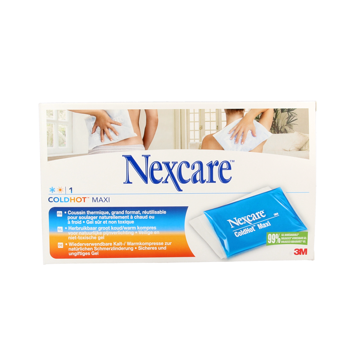 Nexcare Cold hot pack maxi 300x195mm with cover, soft compress for cold or hot therapy in a retail display image.