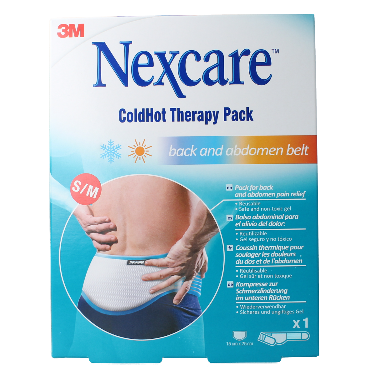 Nexcare cold hot belt rug buik kruiken in S/M size, showing the flexible, soft heating and cooling pack for abdominal relief.