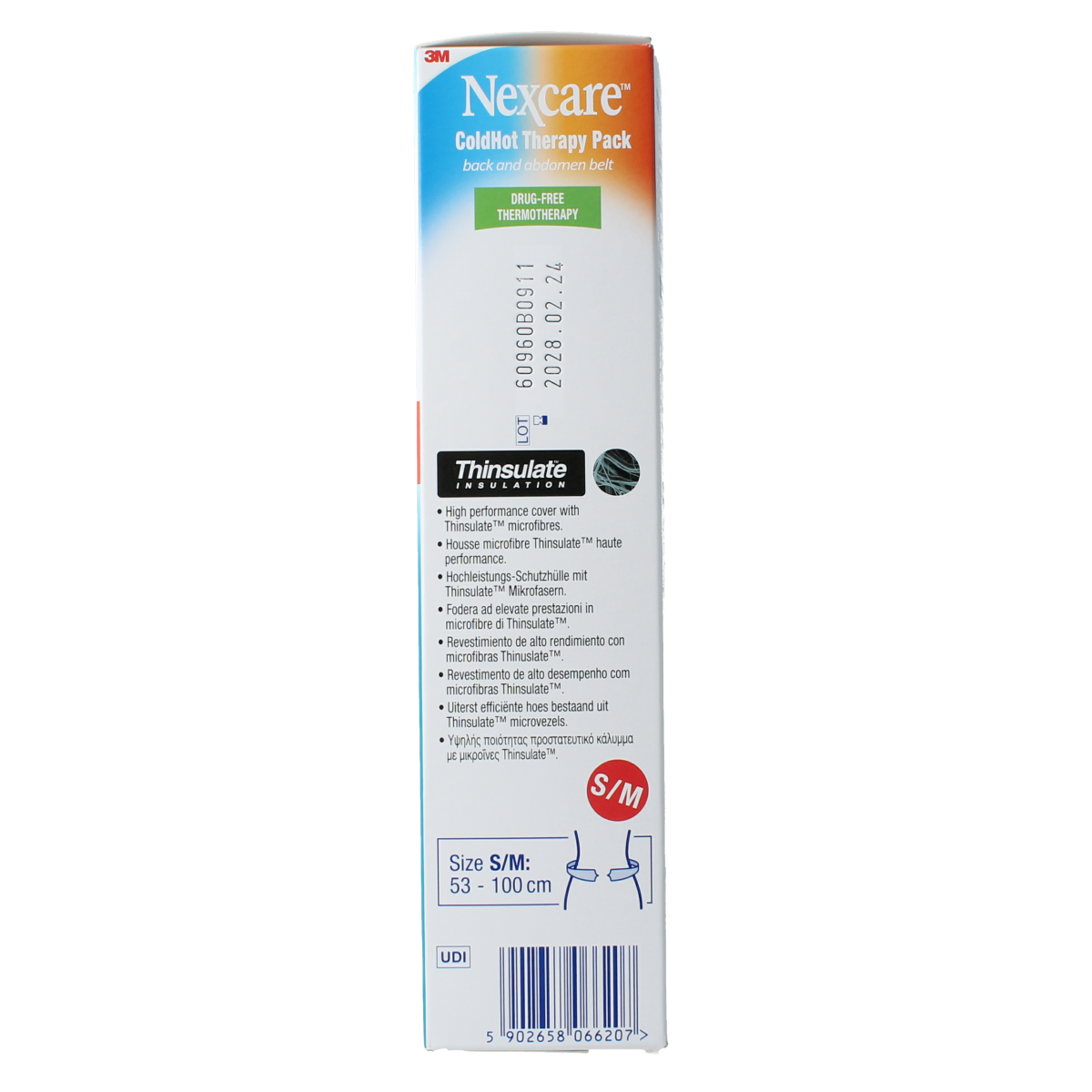 Nexcare Cold Hot Belt Rug Buik S/M Kruiken in packaging, flexible wraps for pain relief and warmth therapy.