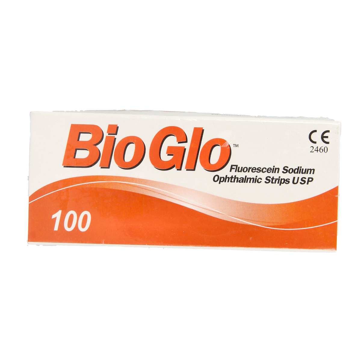 Bausch & Lomb Bio Glo fluorescein test strips for eye health, showing 100 strips in packaging.