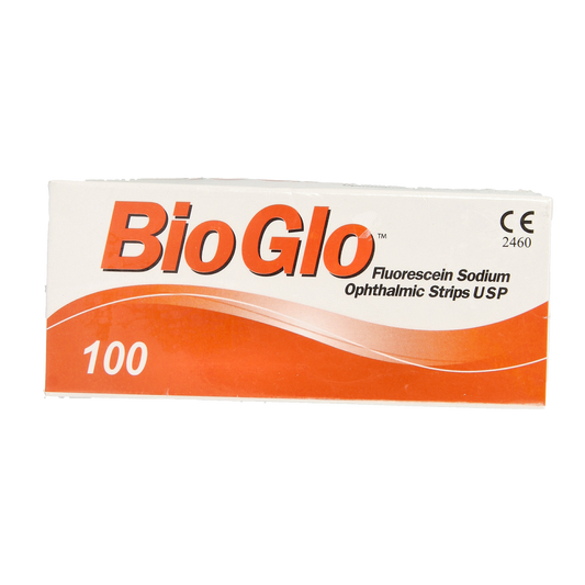 Bausch & Lomb Bio Glo fluorescein test strips for eye health, showing 100 strips in packaging.