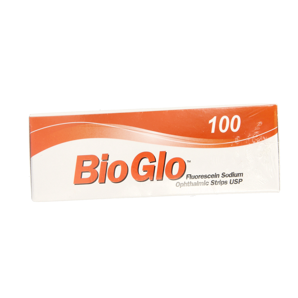 Bausch & Lomb Bio Glo fluorescine test strips for eye examination, 100 count, with packaging and test strip details visible.