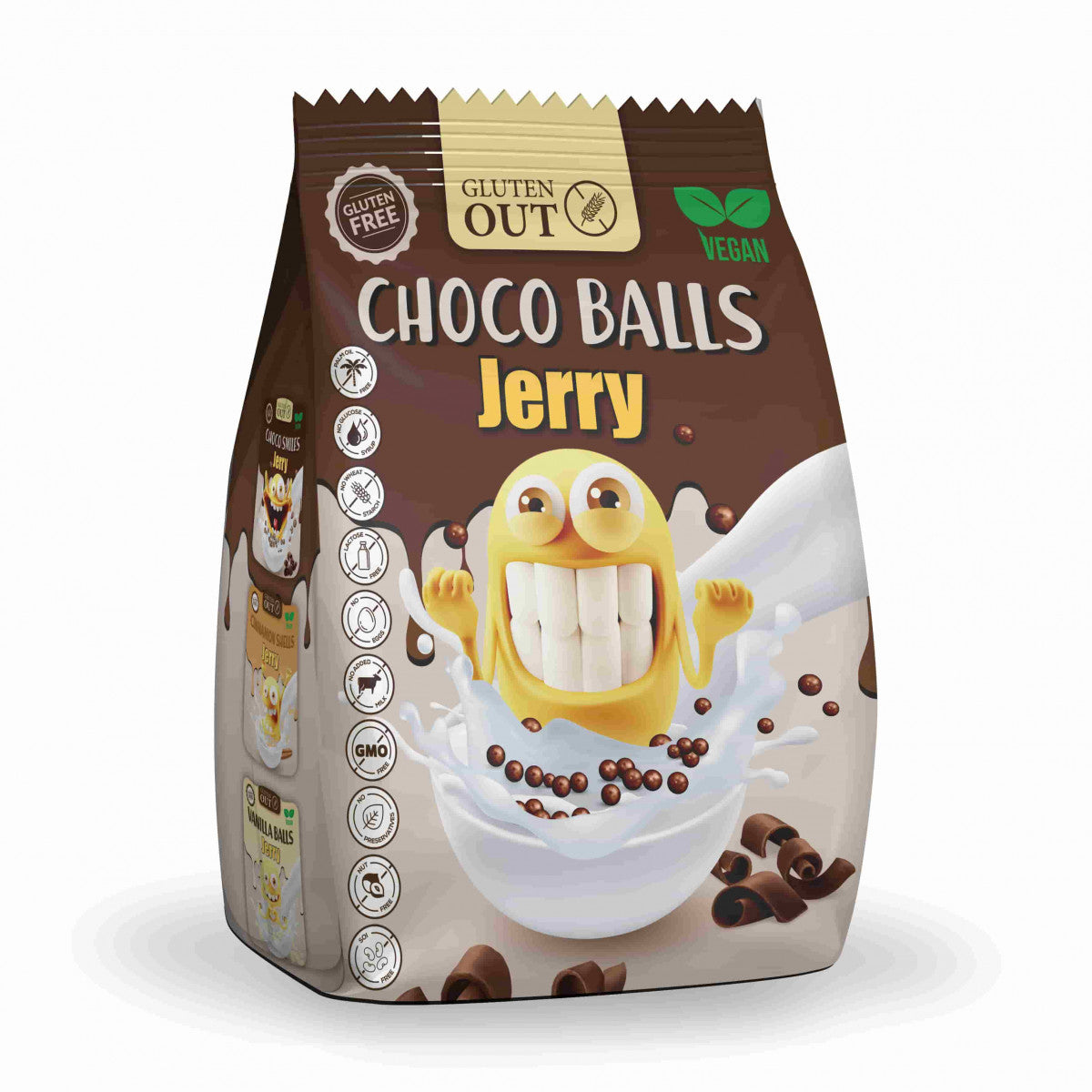 Gluten Out Jerry choco balls gluten-free breakfast cereal in a 375g package, featuring chocolate-covered cereal balls in a bowl.